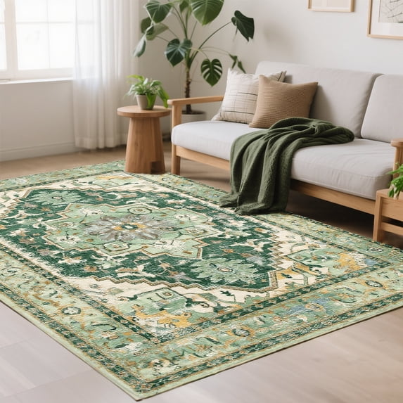 Rugs for Living Room 5x7, Non Slip Machine Washable Indoor Large Rug, Low Pile Chenille Print Mat for Bedroom Dining Room Home Office Kitchen, green
