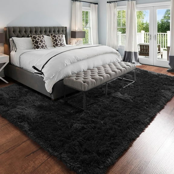 Rugs for Living Room, 8'x10' Soft Fluffy Area Rug for Bedroom, Plush Decorative Rug with Anti-Skid Backing, Indoor Home Carpet for Living Room, Black