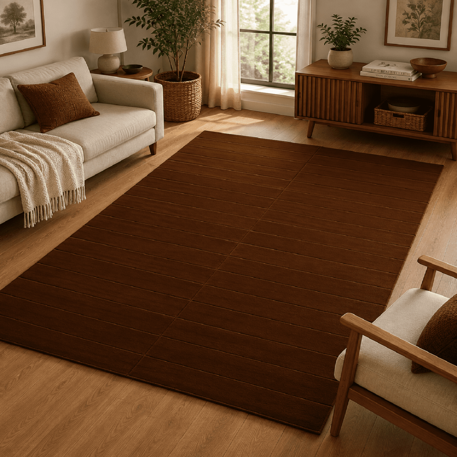 RugsDecor Dark Brown Wool Hand Tufted Area Rug, Modern Textured Linear ...