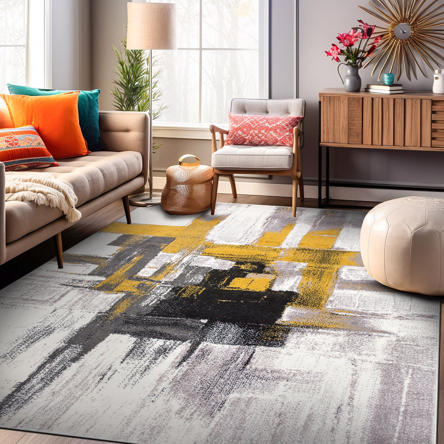 Elegant Gold Abstract 3' 3" x 5' Synthetic Easy-Care Area Rug
