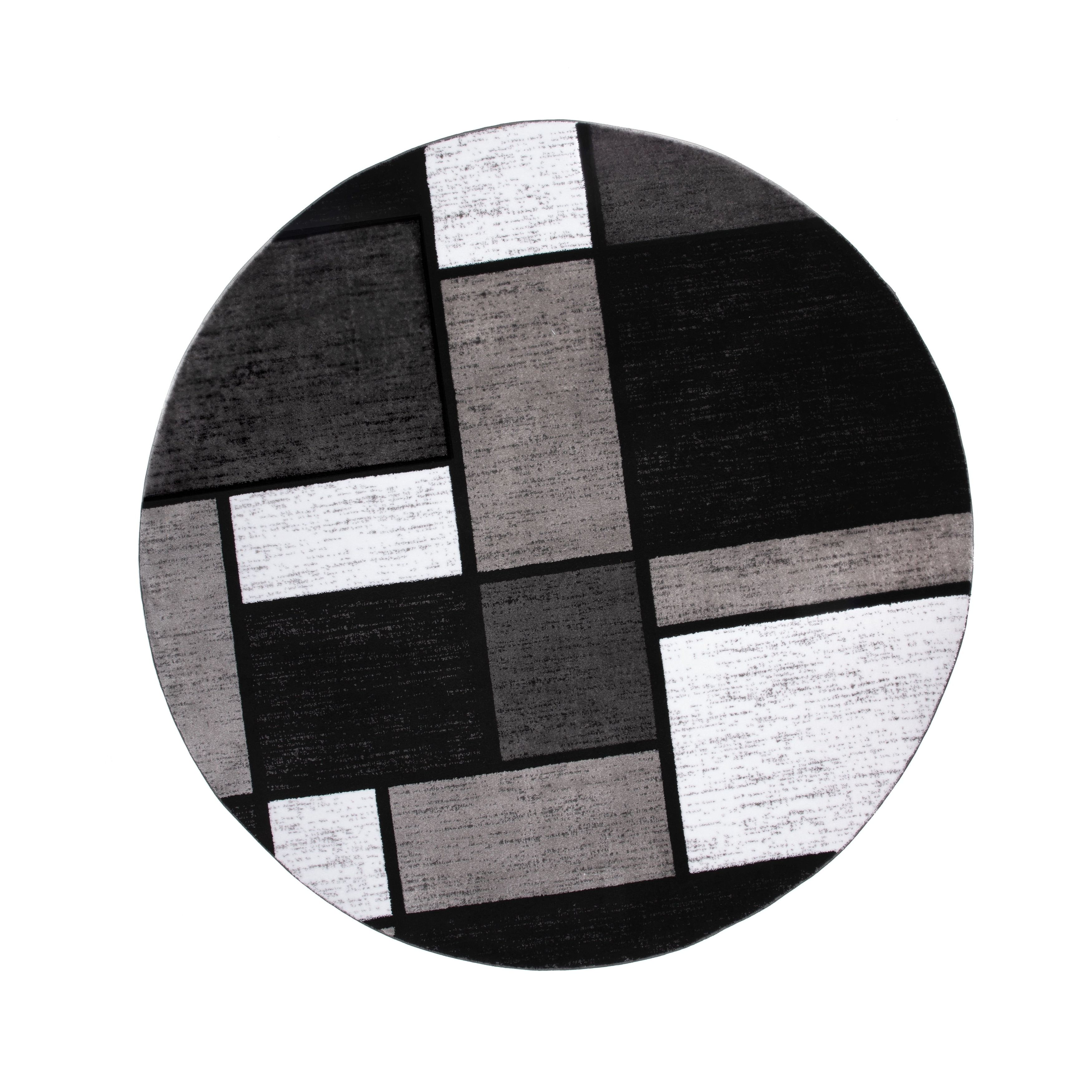 Gray and Black Geometric Synthetic Round Rug, 6'6"