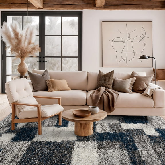 World Rug Gallery Distressed Modern Boxes Plush Shag Indoor Area Rug - Navy 5' x 7'