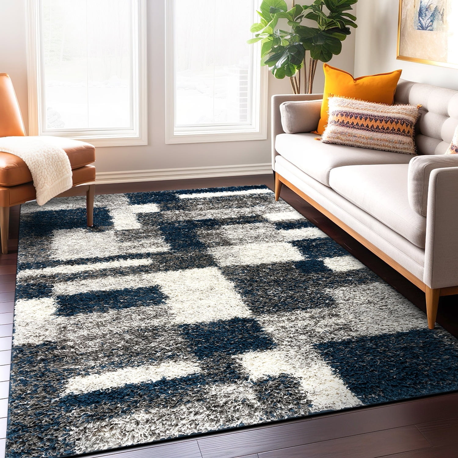Navy and Gray Rectangular Synthetic Shag Area Rug 5' x 7'