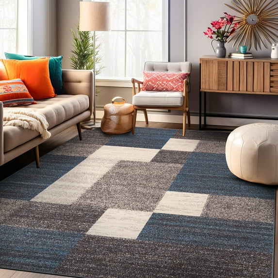 World Rug Gallery Modern Boxes Design Non-slip (Non-skid) Blue 3'3" x 5' Area Rug