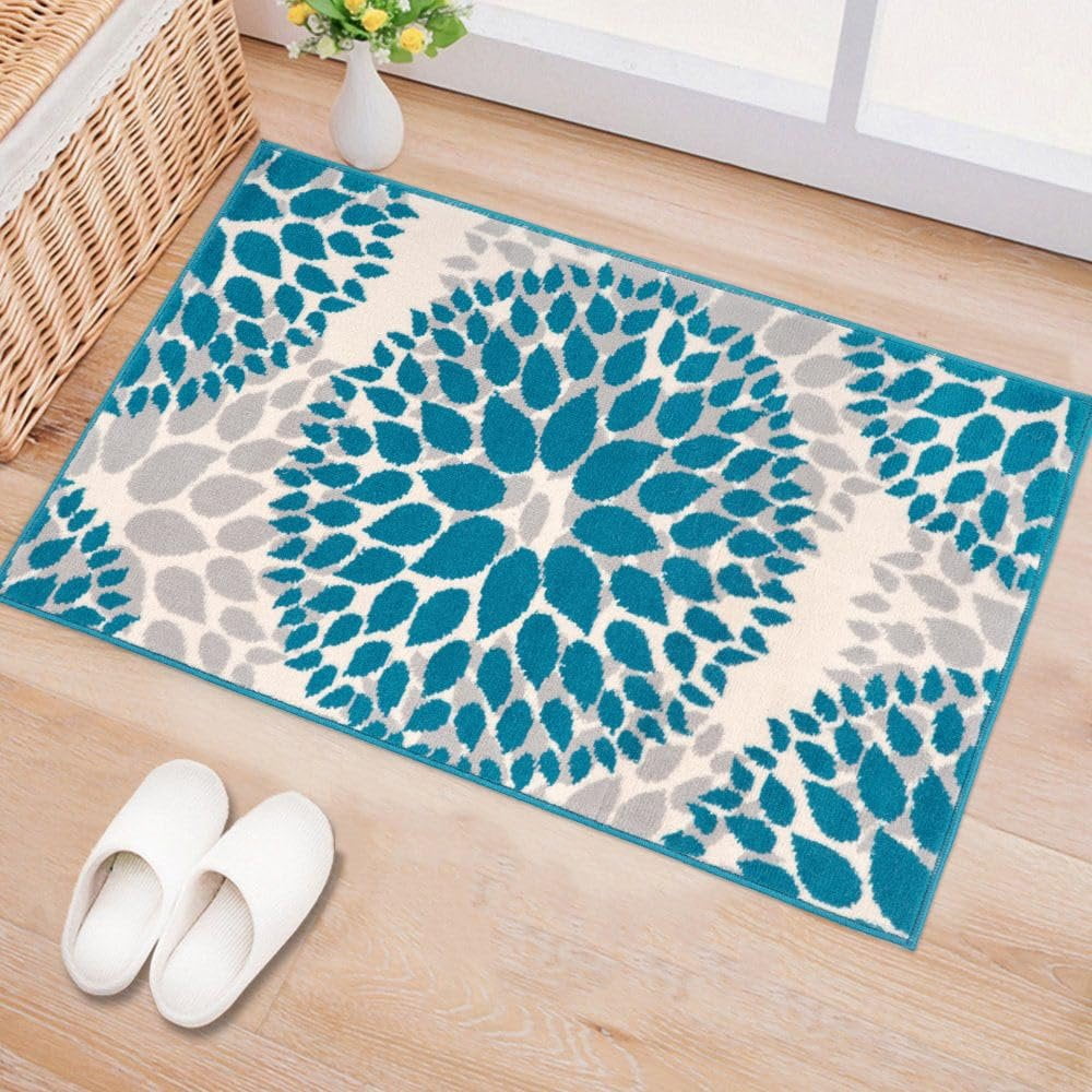 Blossom Splash Blue Synthetic 2' x 3' Easy-Care Area Rug