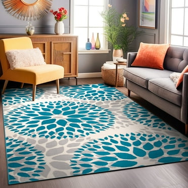 World Rug Gallery Modern Floral Circles Blue 6'6" x 9' Area Rug