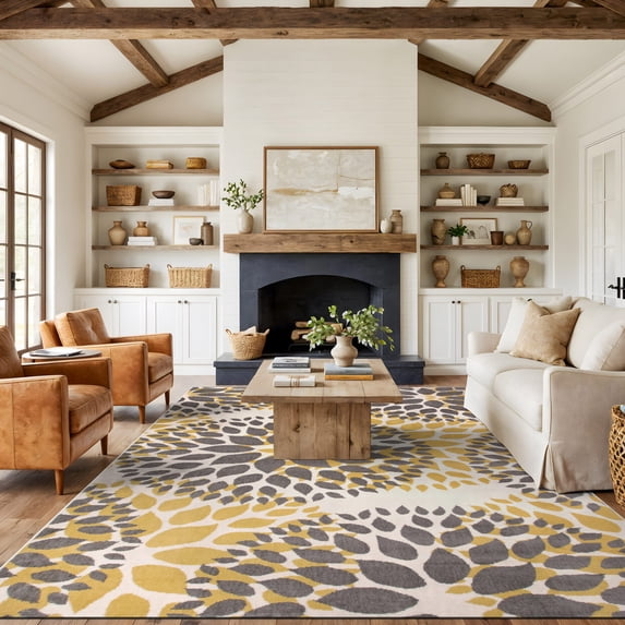 World Rug Gallery Modern Floral Circles Yellow 7'6" x 9'5" Area Rug
