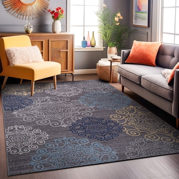 World Rug Gallery Modern Floral Swirl Design Non-Slip (Non-skid) Area Rug - Gray 7'10" x 10'