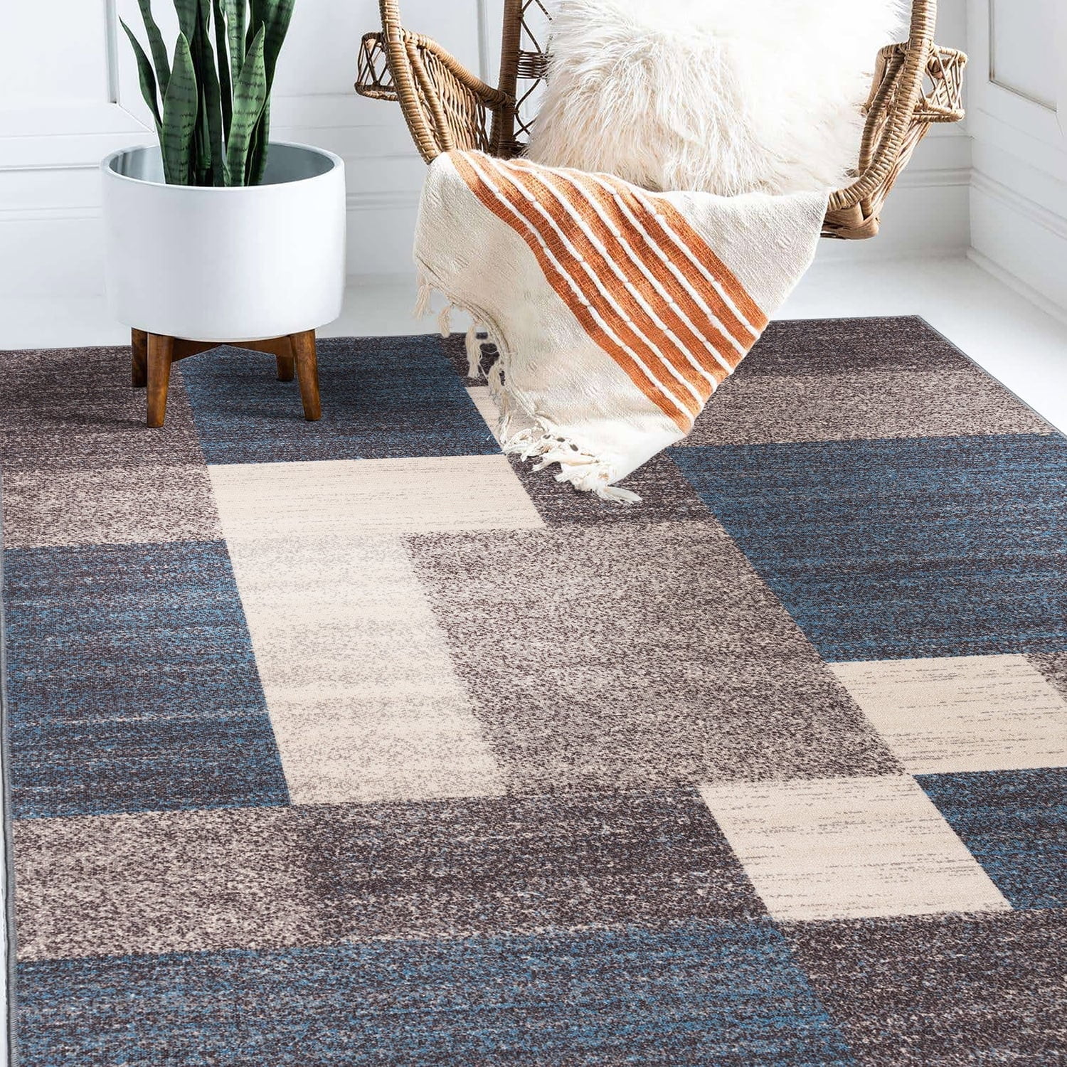 Blue Geometric Tufted Synthetic Rectangular Area Rug 6'6" x 9'