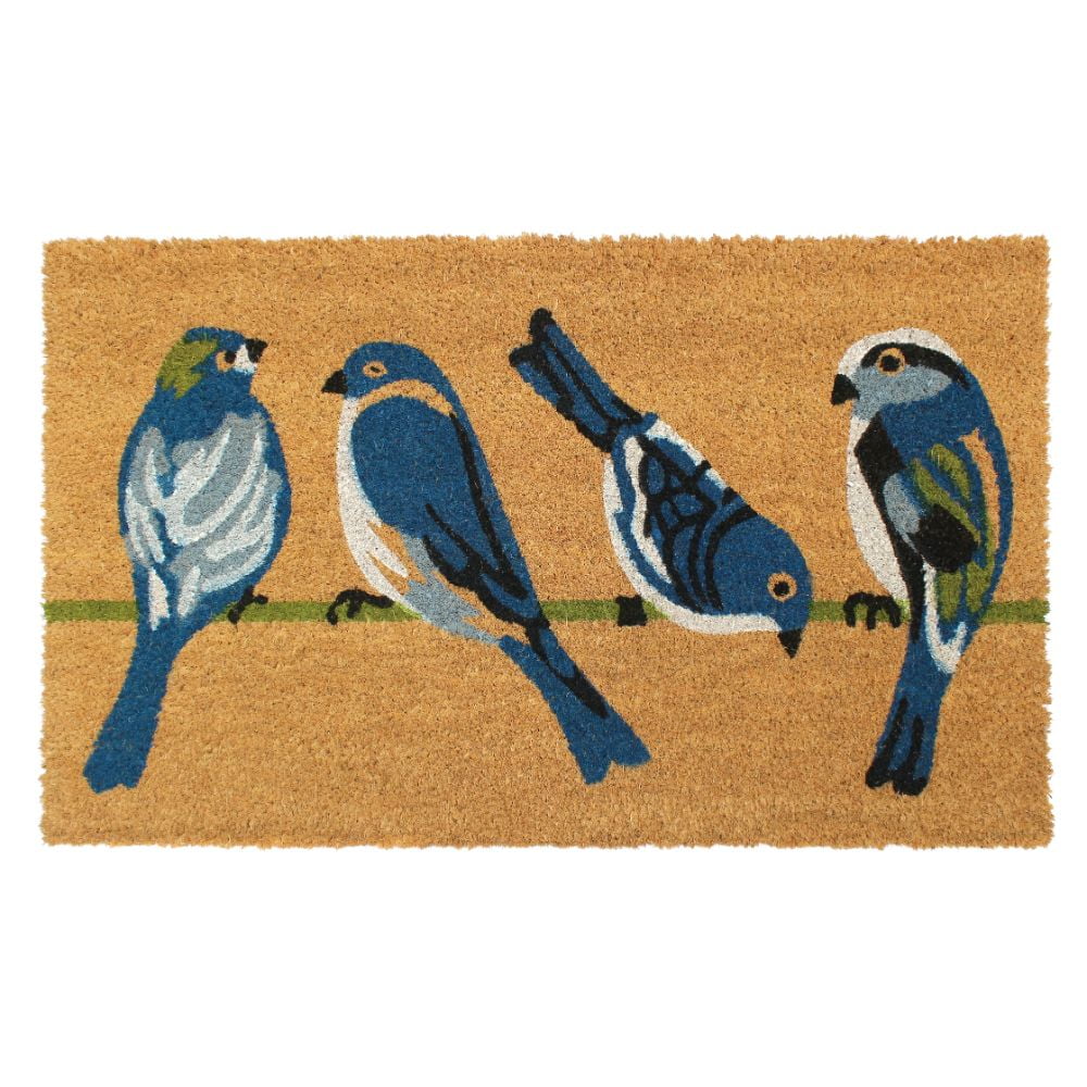 Natural Coco Coir Beige and Blue Tree Printed Anti-Slip Doormat