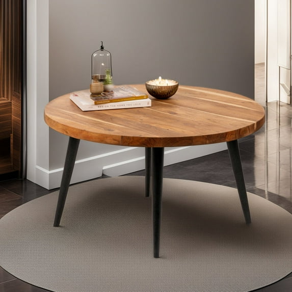 Rugsotic Carpets Eco-Friendly Handmade Natural Black Vintage Round 32"x32"x18" Acacia Wood & Iron Coffee Table