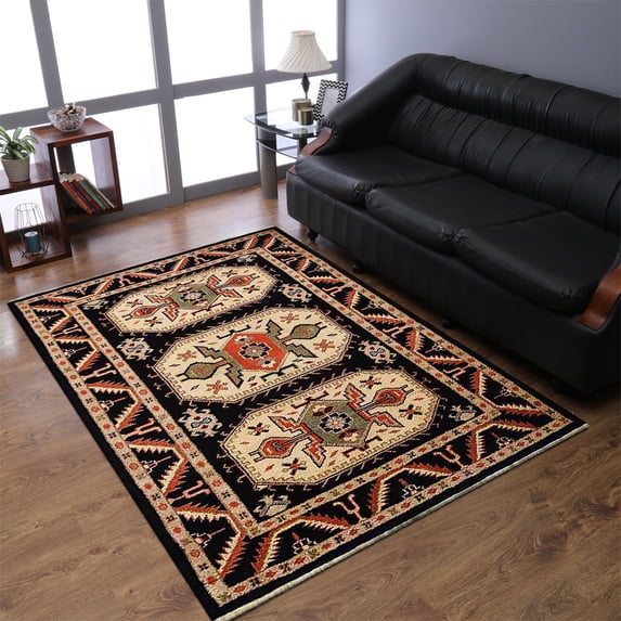 Rugsotic Carpets Hand Knotted Afghan, Oriental Silk And Wool Area Rug, Black,Cream, 9'x12'