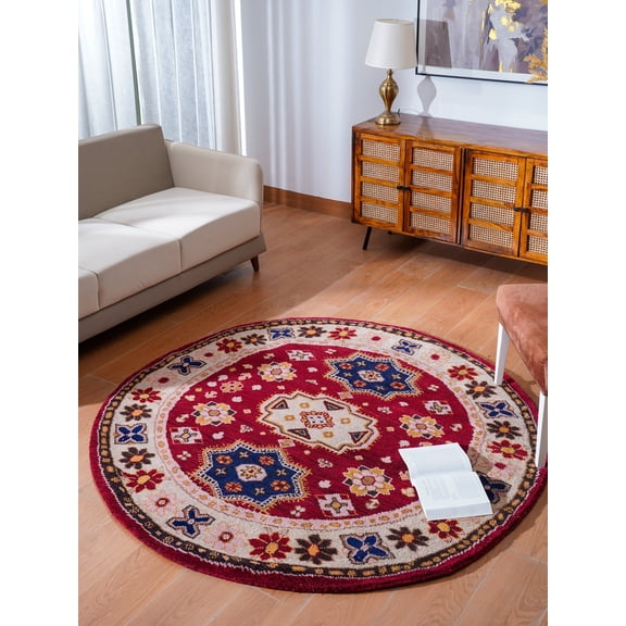 Rugsotic Carpets Hand Knotted Afghan Silk And Wool 4'x4' Oriental Round Area Rug Red Cream AF0104