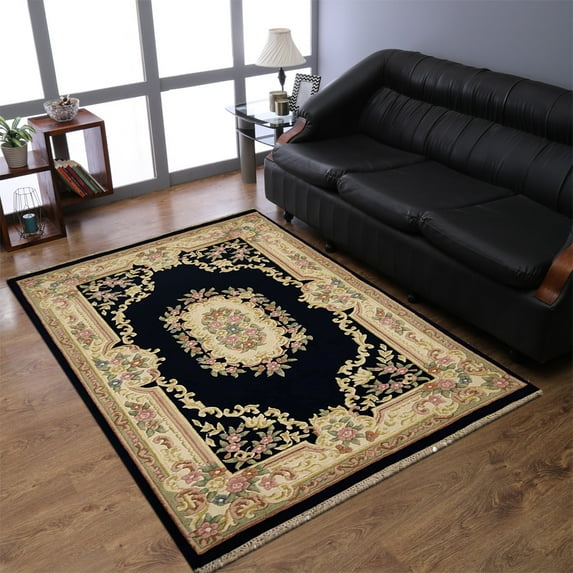 Rugsotic Carpets Hand Knotted Aras, Oriental Wool Area Rug, Navy, 6'4''x9'7''