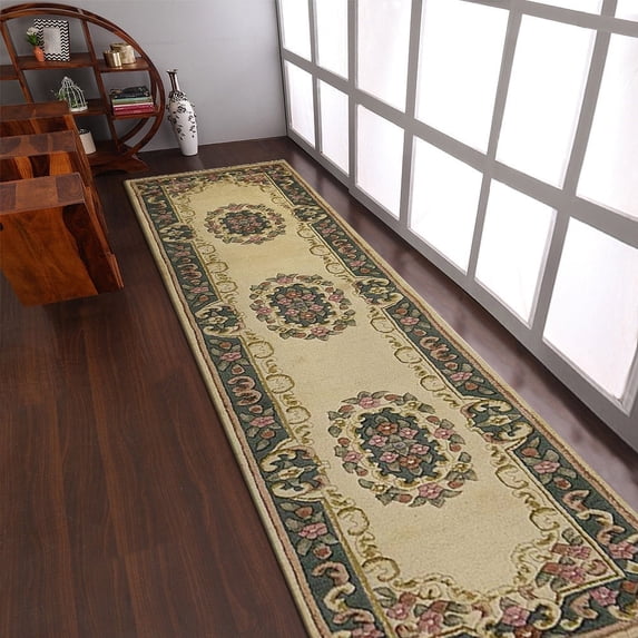 Rugsotic Carpets Hand Knotted Aras, Oriental Wool Runner Area Rug, Ivory,Green, 2'6''x10'