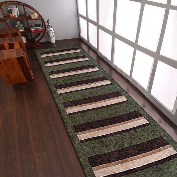 Rugsotic Carpets Hand Knotted Wool Area Rug 3'x10' Green Brown Contemporary Runner Indoor Rug for Living Room, Bedroom Antimicrobial L00904
