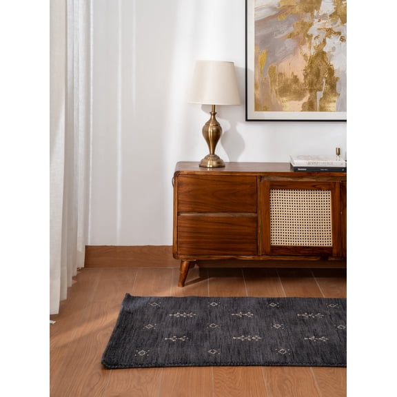 Rugsotic Carpets Hand Knotted Wool Area Rug 2'6''x6' Charcoal White Contemporary Runner Indoor Rug for Living Room, Bedroom Antimicrobial L00501