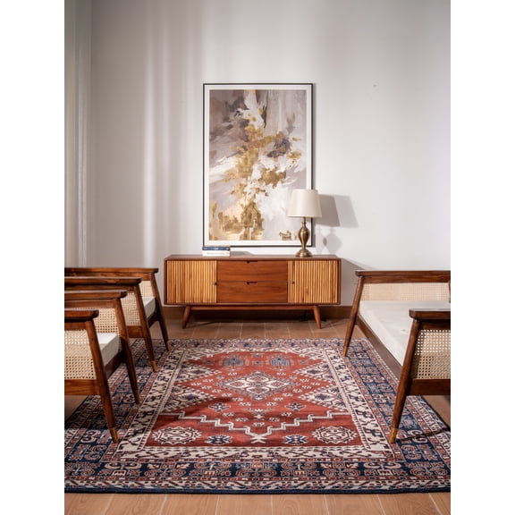 Rugsotic Carpets Hand Knotted Wool Area Rug 3'x5' Rust Blue Oriental Rectangle Indoor Rug for Living Room, Bedroom Antimicrobial HM0014