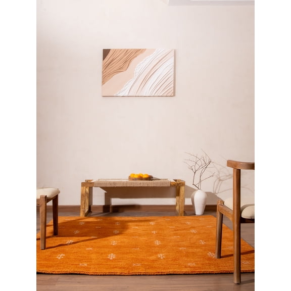 Rugsotic Carpets Hand Knotted Wool Area Rug 8'x8' Orange White Contemporary Square Indoor Rug for Living Room, Bedroom Antimicrobial L00501