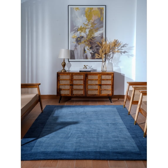 Rugsotic Carpets Hand Knotted Wool Area Rug 9'x12' Blue Contemporary Rectangle Indoor Rug for Living Room, Bedroom Antimicrobial L00201