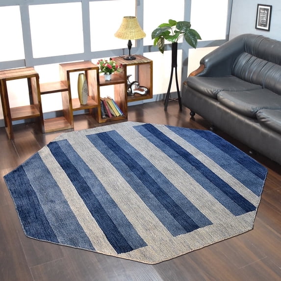 Rugsotic Carpets Handmade Rugs Hand Knotted Loom Octagon 10'x10' Blue Light Blue Wool for Indoor Use