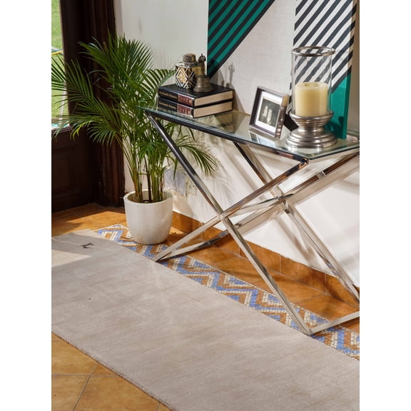 Rugsotic Carpets Hand Knotted Wool Area Rug 2'6''x10' Beige Contemporary Runner Indoor Rug for Living Room, Bedroom Antimicrobial L00100
