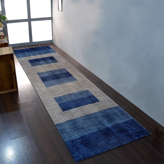Rugsotic Carpets Hand Knotted Wool Area Rug 2'6''x10' Blue Light Blue Contemporary Runner Indoor Rug for Living Room, Bedroom Antimicrobial L0B904