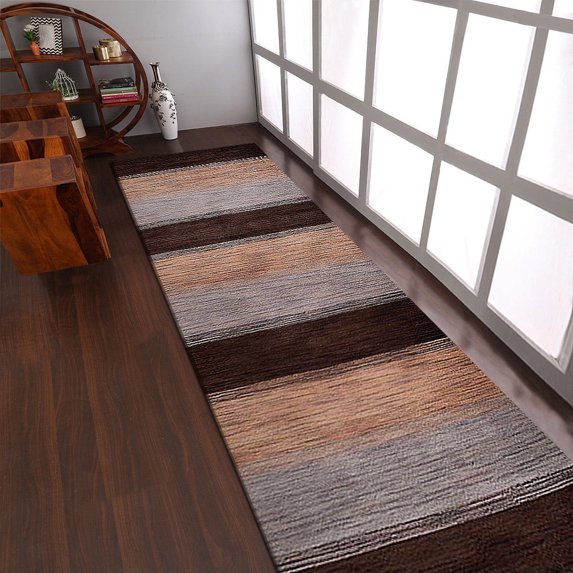 Rugsotic Carpets Handmade Rugs Hand Knotted Loom Runner 2'6''x10' Brown Beige Wool for Indoor Use