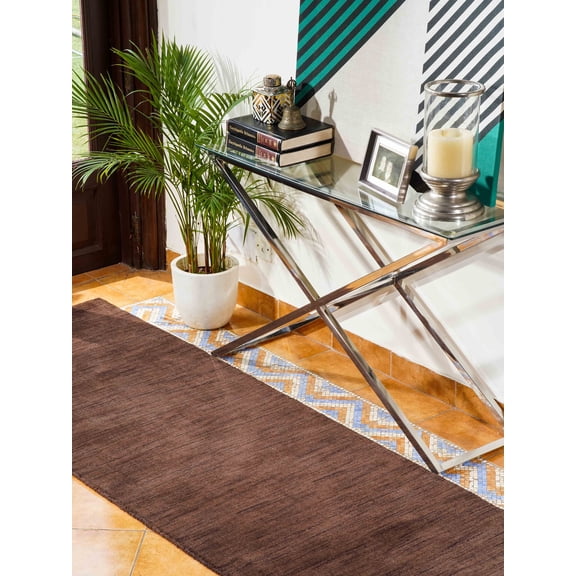 Rugsotic Carpets Hand Knotted Wool Area Rug 2'6''x10' Brown Solid Runner Indoor Rug for Living Room, Bedroom Antimicrobial L00111