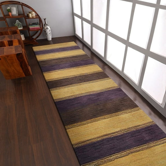 Rugsotic Carpets Hand Knotted Wool Area Rug 2'6''x10' Gold Purple Contemporary Runner Indoor Rug for Living Room, Bedroom Antimicrobial L00204