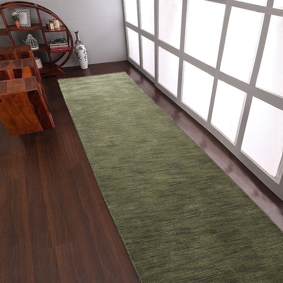 Rugsotic Carpets Handmade Rugs Hand Knotted Loom Runner 2'6''x10' Green Wool for Indoor Use