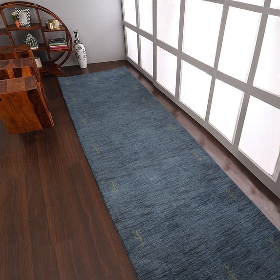 Rugsotic Carpets Hand Knotted Wool Area Rug 2'6''x10' Light Blue Contemporary Runner Indoor Rug for Living Room, Bedroom Antimicrobial L00226