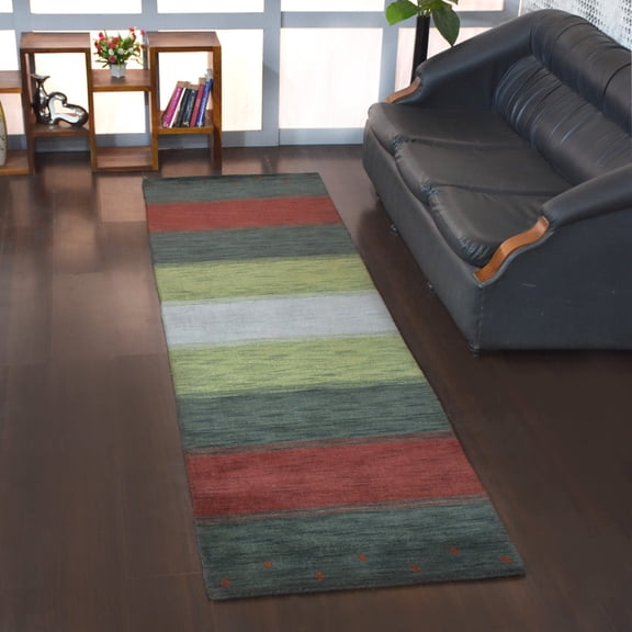 Rugsotic Carpets Hand Knotted Wool Area Rug 2'6''x10' Multicolor Contemporary Runner Indoor Rug for Living Room, Bedroom Antimicrobial L00A98