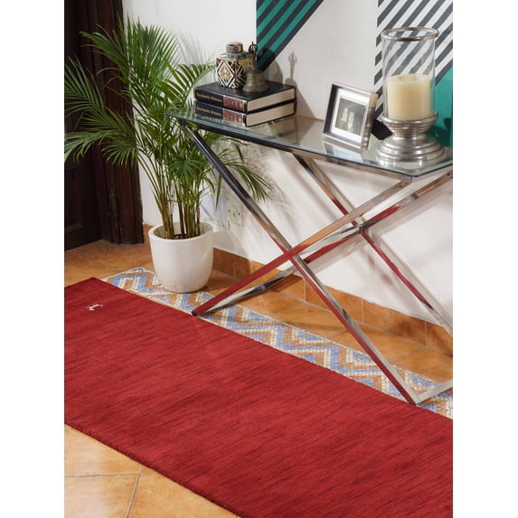 Rugsotic Carpets Hand Knotted Wool Area Rug 2'6''x10' Red Contemporary Runner Indoor Rug for Living Room, Bedroom Antimicrobial L00100
