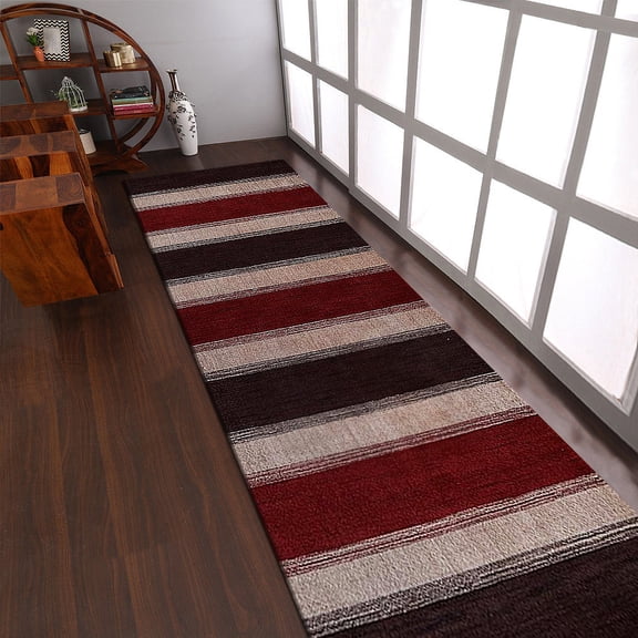 Rugsotic Carpets Hand Knotted Wool Area Rug 2'6''x12' Brown Beige Contemporary Runner Indoor Rug for Living Room, Bedroom Antimicrobial L00207