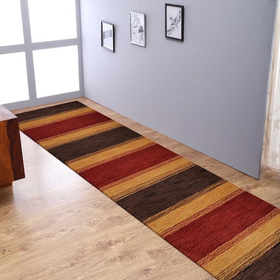 Rugsotic Carpets Hand Knotted Wool Area Rug 2'8''x10' Brown Gold Contemporary Runner Indoor Rug for Living Room, Bedroom Antimicrobial L00204