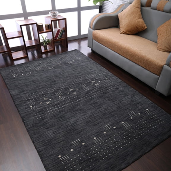 Rugsotic Carpets Hand Knotted Wool Area Rug 5'x8' Charcoal Contemporary Rectangle Indoor Rug for Living Room, Bedroom Antimicrobial L00504