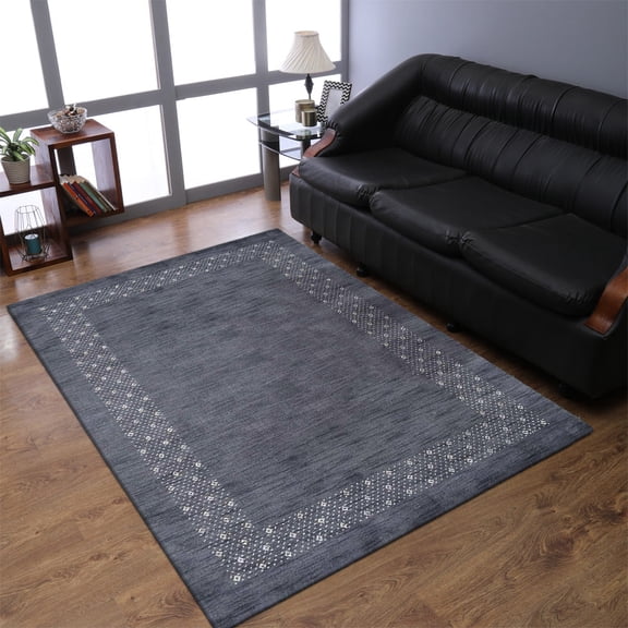 Rugsotic Carpets Hand Knotted Wool Area Rug 5'x8' Charcoal Contemporary Rectangle Indoor Rug for Living Room, Bedroom Antimicrobial L00529
