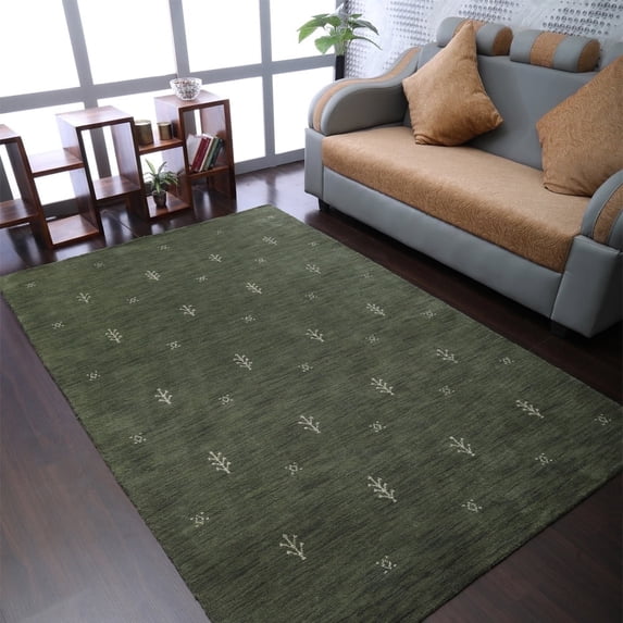 Rugsotic Carpets Handmade Rugs Hand Knotted Loom Rectangle 5'x8' Green White Wool for Indoor Use