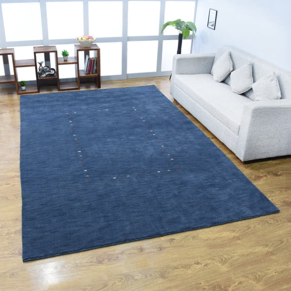 Rugsotic Carpets Hand Knotted Wool Area Rug 6'7''x9'10'' Blue Contemporary Rectangle Indoor Rug for Living Room, Bedroom Antimicrobial L00105