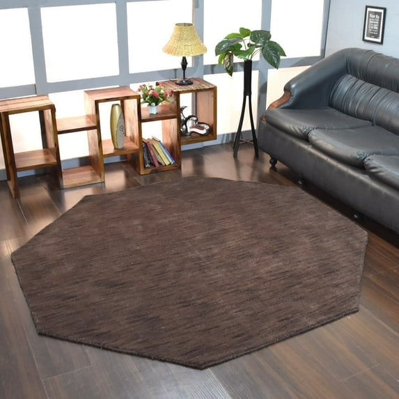 Rugsotic Carpets Handmade Rugs Hand Knotted Loom Octagon 6'x6' Brown Wool for Indoor Use