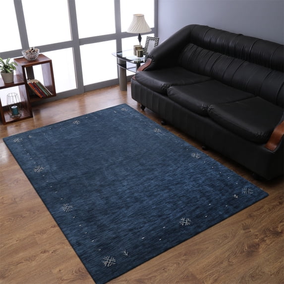 Rugsotic Carpets Hand Knotted Wool Area Rug 8'x10' Blue Contemporary Rectangle Indoor Rug for Living Room, Bedroom Antimicrobial L00516