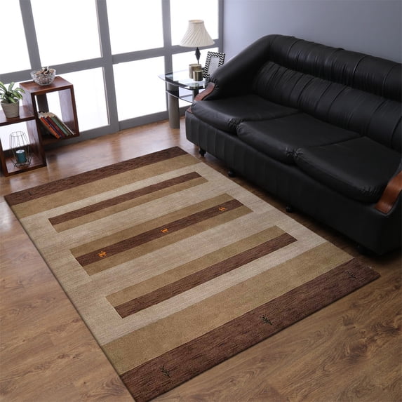 Rugsotic Carpets Hand Knotted Wool Area Rug 8'x10' Brown Light Beige Contemporary Rectangle Indoor Rug for Living Room, Bedroom Antimicrobial L0C904