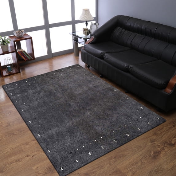 Rugsotic Carpets Hand Knotted Wool Area Rug 8'x10' Charcoal Contemporary Rectangle Indoor Rug for Living Room, Bedroom Antimicrobial L00535
