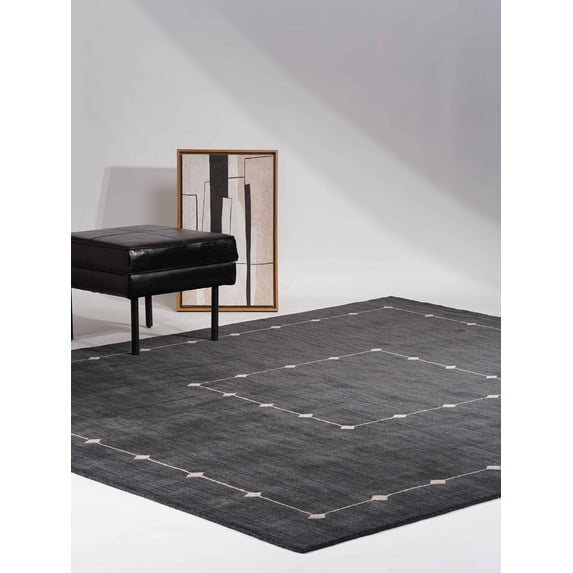 Rugsotic Carpets Hand Knotted Wool Area Rug 8'x10' Charcoal Geometric Rectangle Indoor Rug for Living Room, Bedroom Antimicrobial L00532