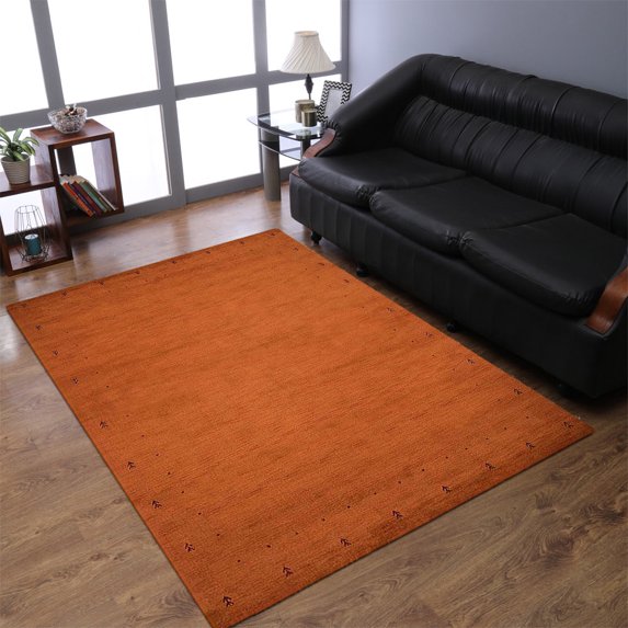 Rugsotic Carpets Hand Knotted Wool Area Rug 8'x10' Orange Contemporary Rectangle Indoor Rug for Living Room, Bedroom Antimicrobial L00535