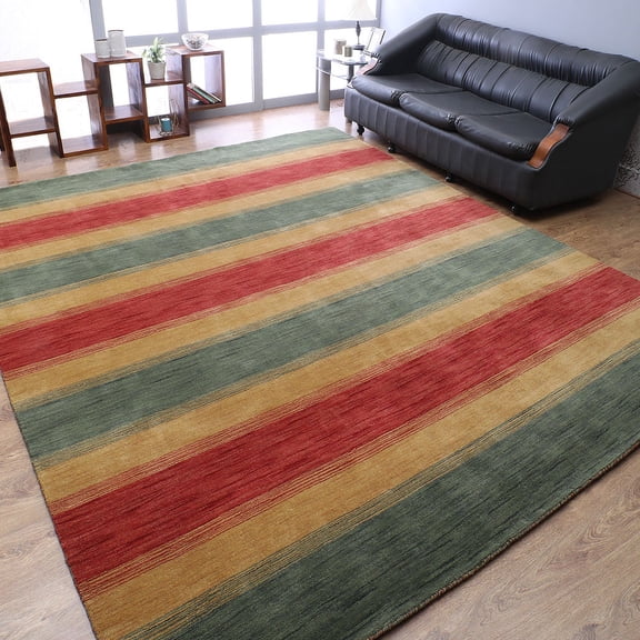 Rugsotic Carpets Hand Knotted Wool Area Rug 9'x12' Green Gold Contemporary Rectangle Indoor Rug for Living Room, Bedroom Antimicrobial L00204