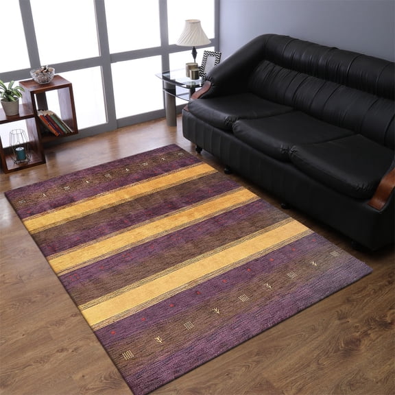 Rugsotic Carpets Hand Knotted Wool Area Rug 9'x12' Purple Gold Contemporary Rectangle Indoor Rug for Living Room, Bedroom Antimicrobial L0A211