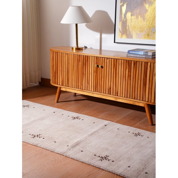 Rugsotic Carpets Hand Knotted Wool Area Rug 2'6''x13' Beige Contemporary Runner Indoor Rug for Living Room, Bedroom Antimicrobial L00516