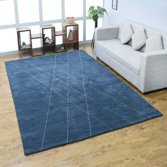 Rugsotic Carpets Hand Knotted Wool Area Rug 5'x8' Blue Beige Geometric Rectangle Indoor Rug for Living Room, Bedroom Antimicrobial L00645